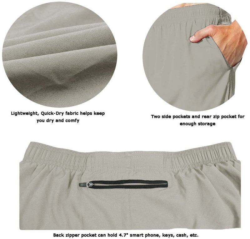 EZRUN Men's 5 Inches Running Workout Shorts Quick Dry Lightweight Athletic Shorts with Liner Zipper Pockets,LightGrey,L - Image 4